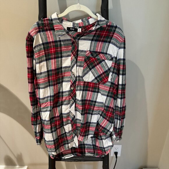 BDG Red, Green, White, and Black Flannel Button Down Long Sleeve Top - Picture 1 of 4